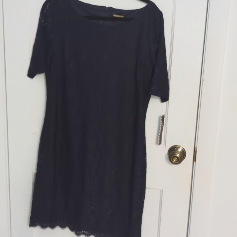 Dana Buchman Sz L Dark Navy Blue Short Sleeve Lace Dress NWT